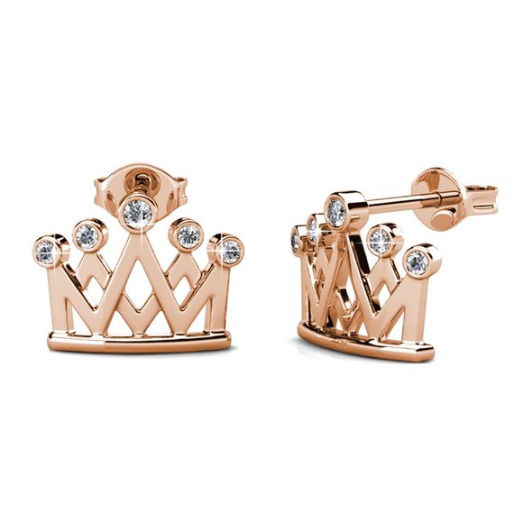 Rose Gold Princess Crown Stud‎ Earrings With Australian Crystals - Picture 3 of 4